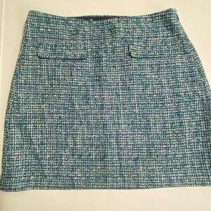Loft Tweed Mini Skirt Blue Green Boucle' Front Pocket Lined Size 10 NWT Side Zip